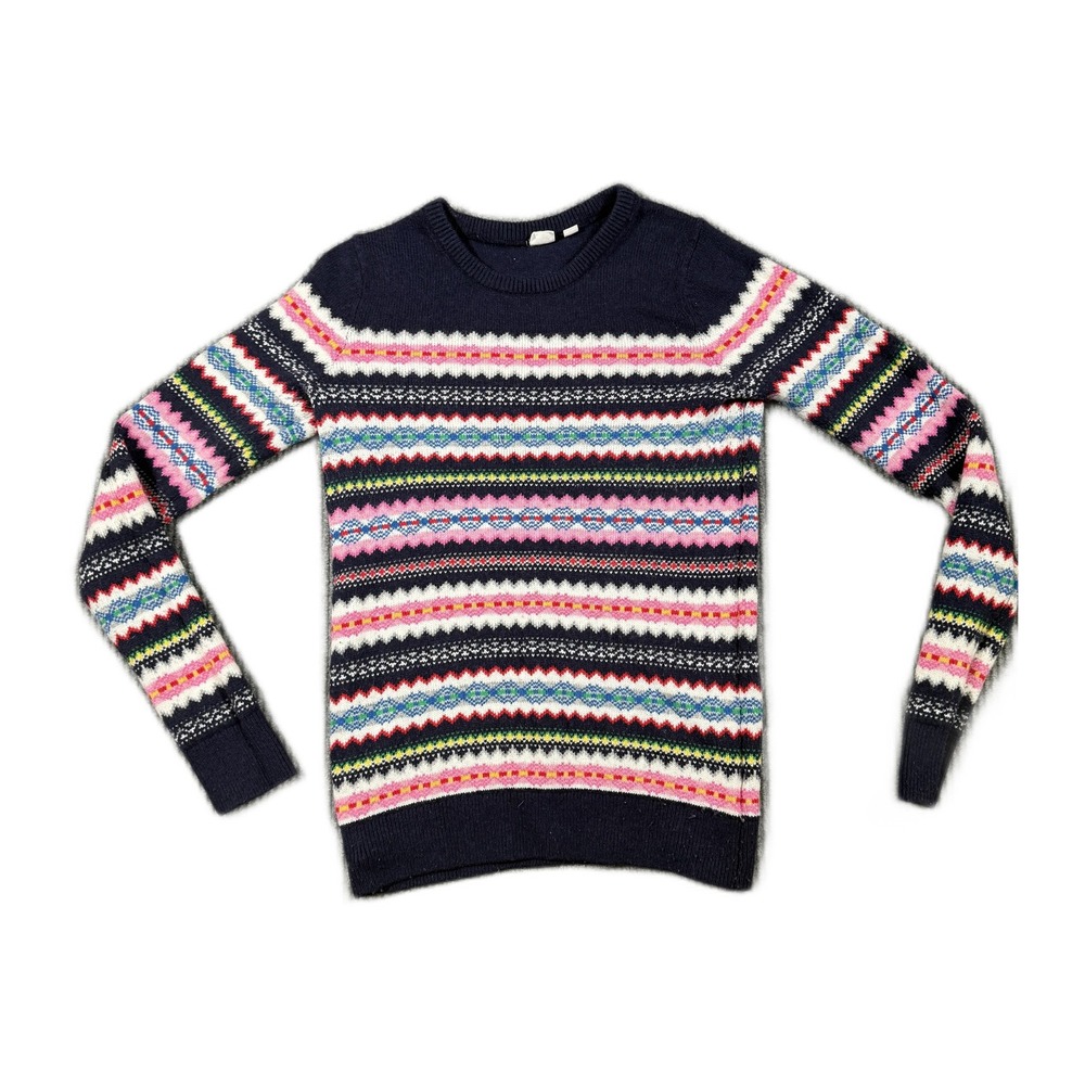 Gap Womens Small Tall Navy Blue Fair Isle Striped Wool Blend Crew Neck Sweater